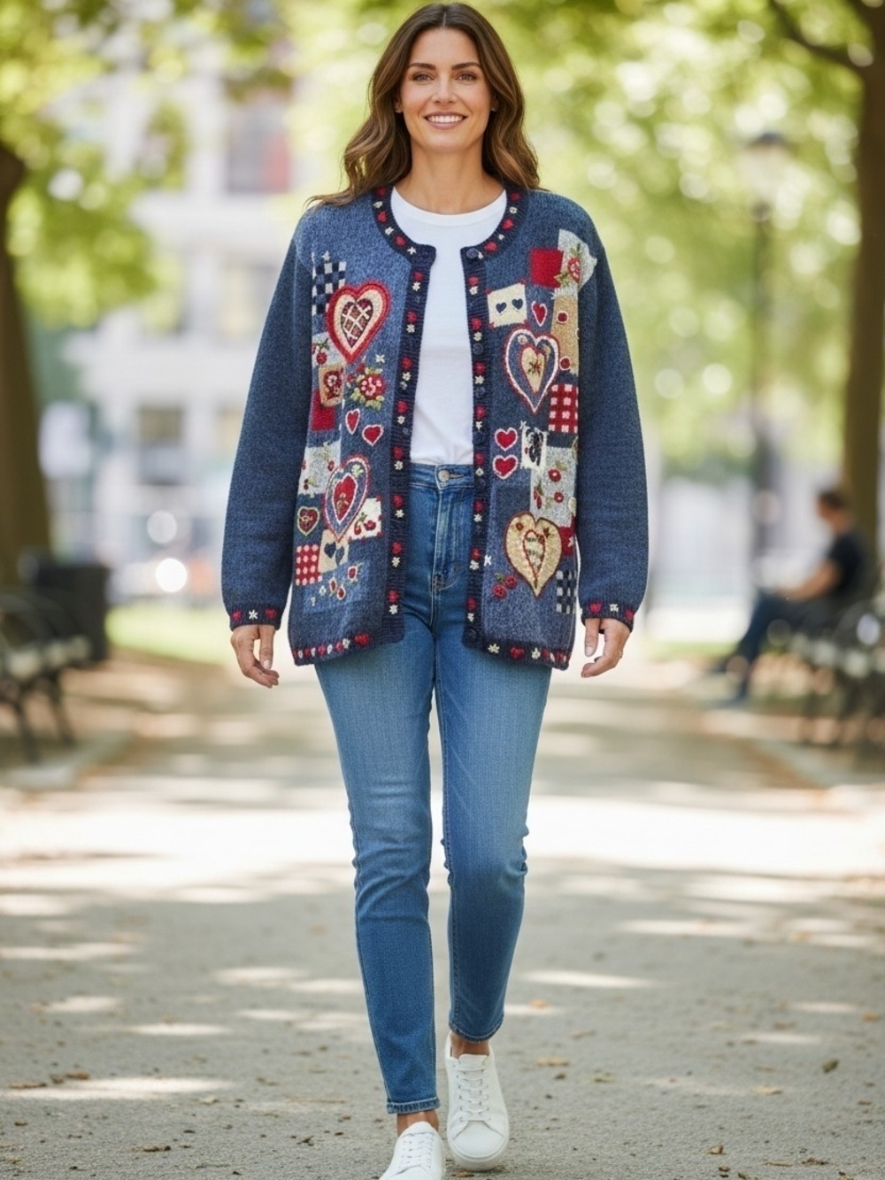 Heirloom Collections XL Heart Patchwork Embroidered Cardigan Sweater Cottagecore